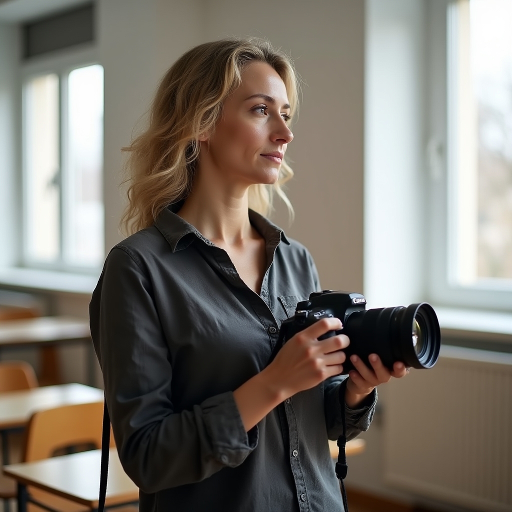 Adult fotografiind cu aparatul foto la un curs practic