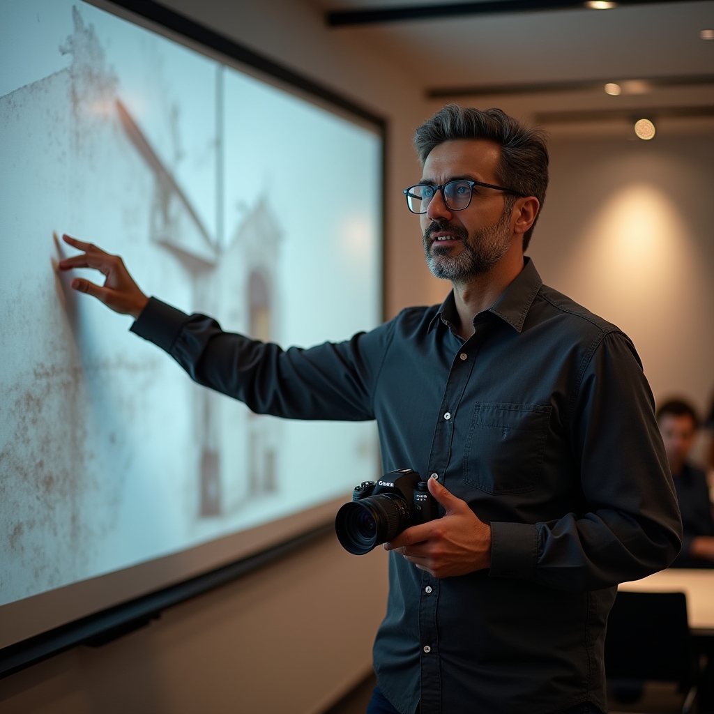 Instructor de fotografie la Welunvex Lab prezentând tehnici de compoziție